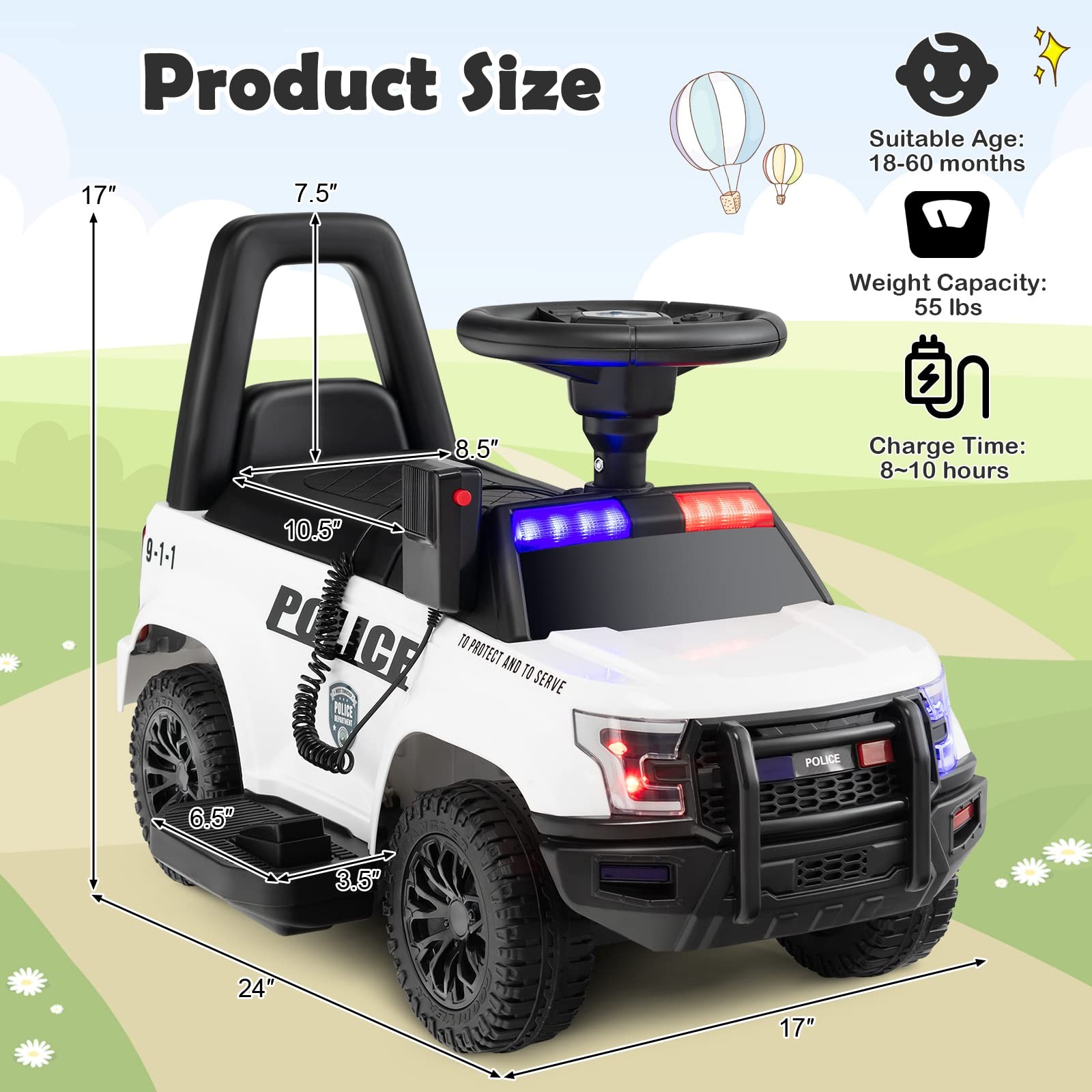Kids Ride On Police Car, 6V Battery Powered Electric Toy Car w/Real Megaphone…