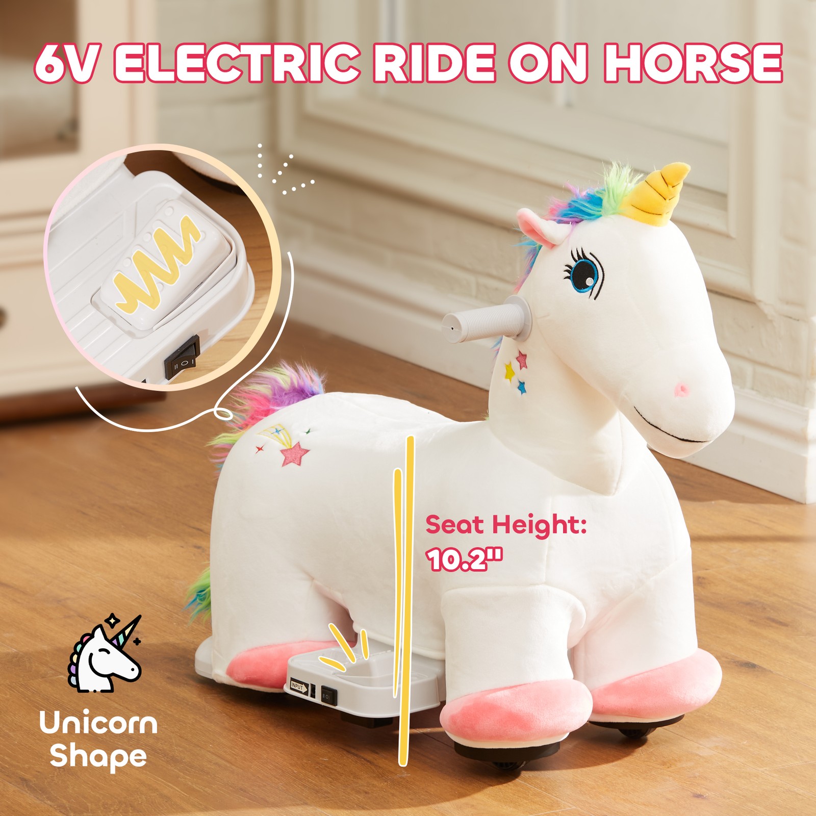 6V Kids Electric Ride on Unicorn w/ Music Forward, White