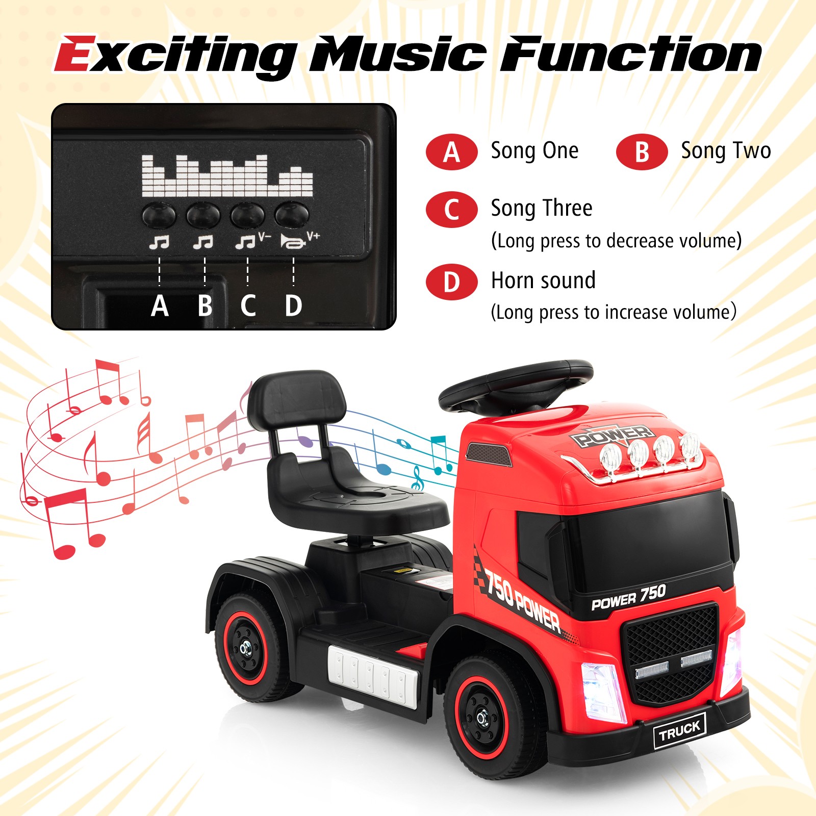 Kids Ride-on Car 6V Toddler Electric Truck LED Lights Music & Horn Sound