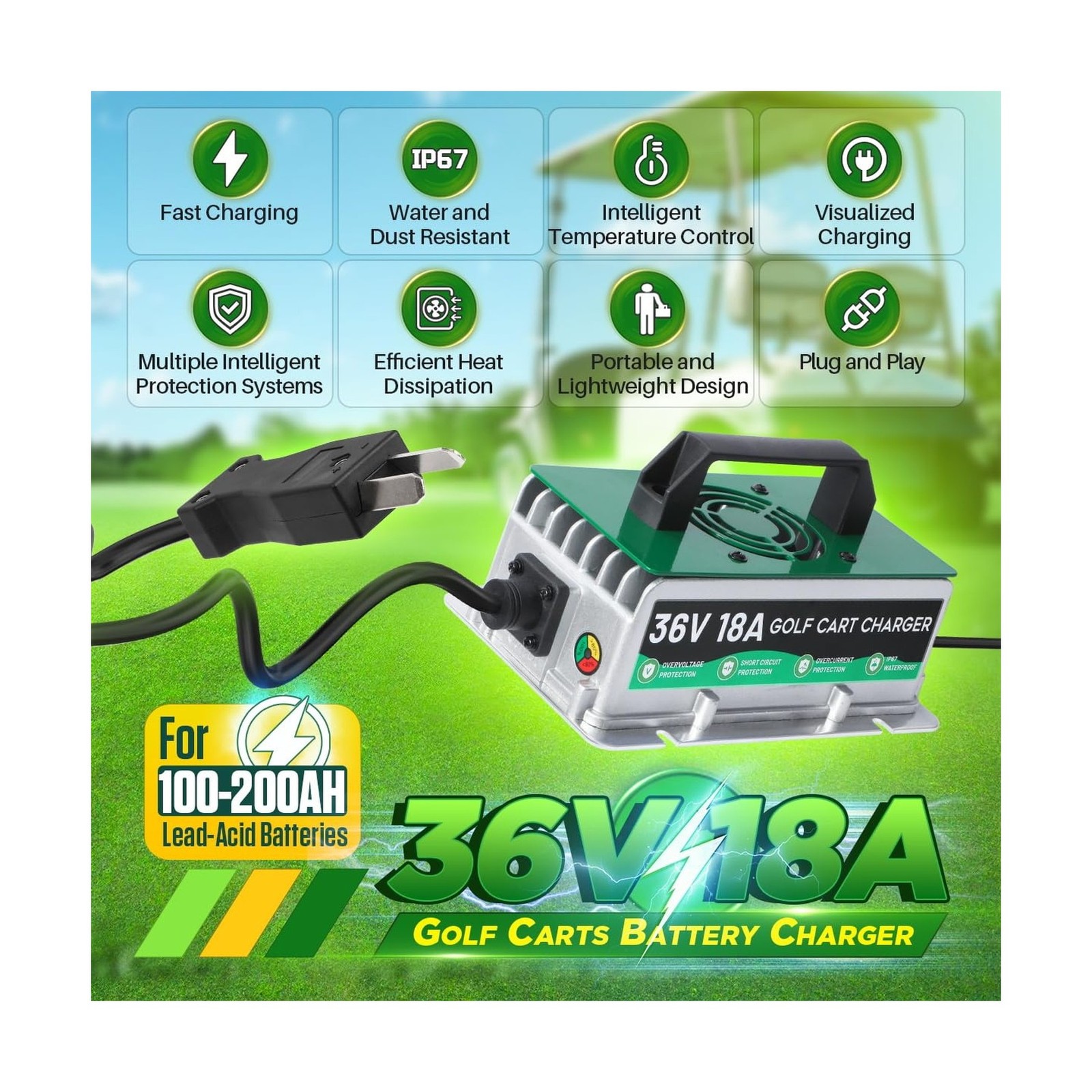 36 Volt Golf Cart Battery Charger for EZGO/Yamaha/Club Car, 18AMP 36V Golf Ca…