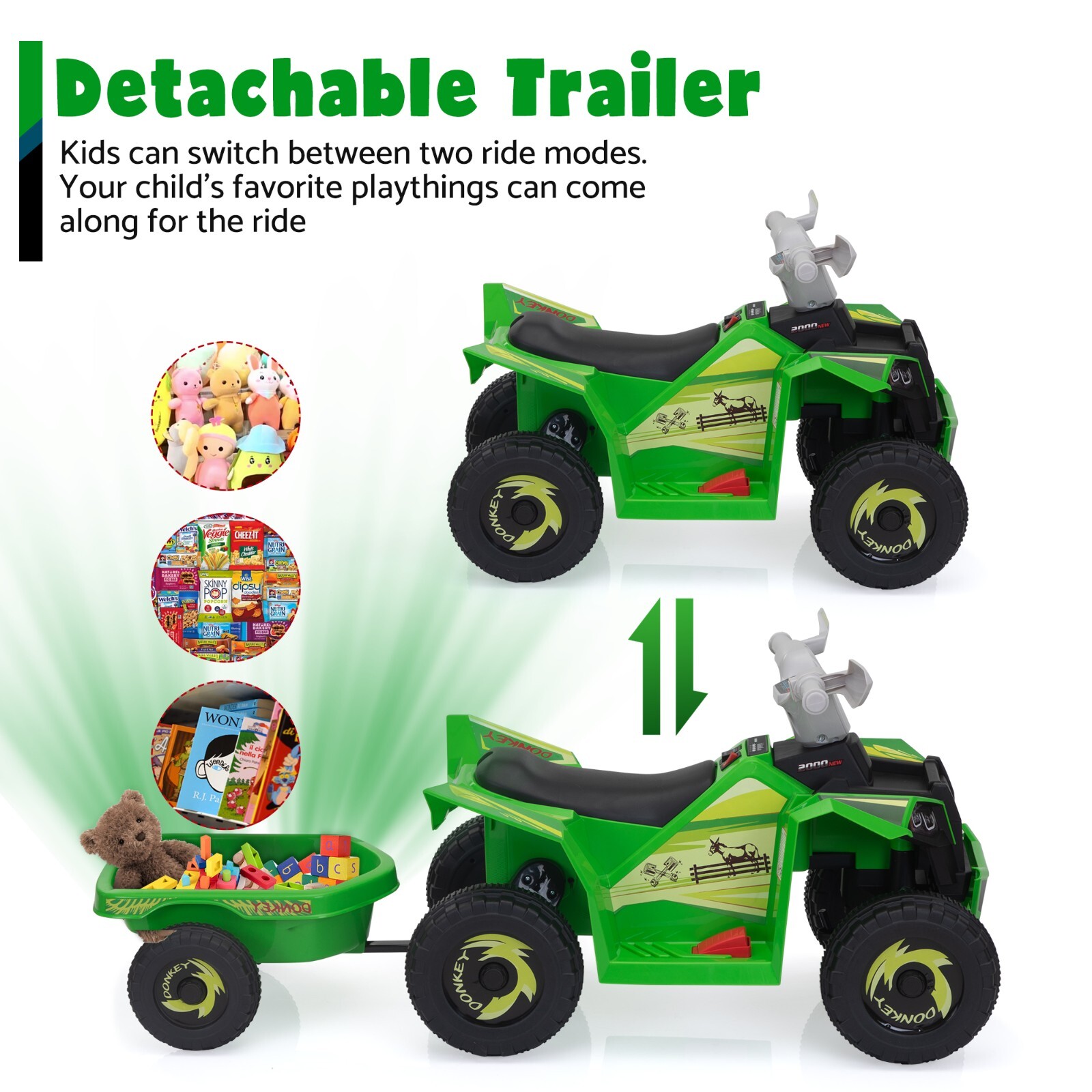 TOBBI 6V Kids Electric Ride on Car Toddler Quad Bike ATV w/Trailer for Kids 3-6