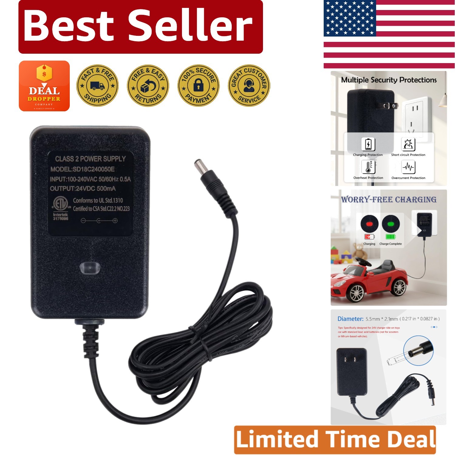 Durable 24V Charger for Ride-On Cars with Indicator Light & Safety Features