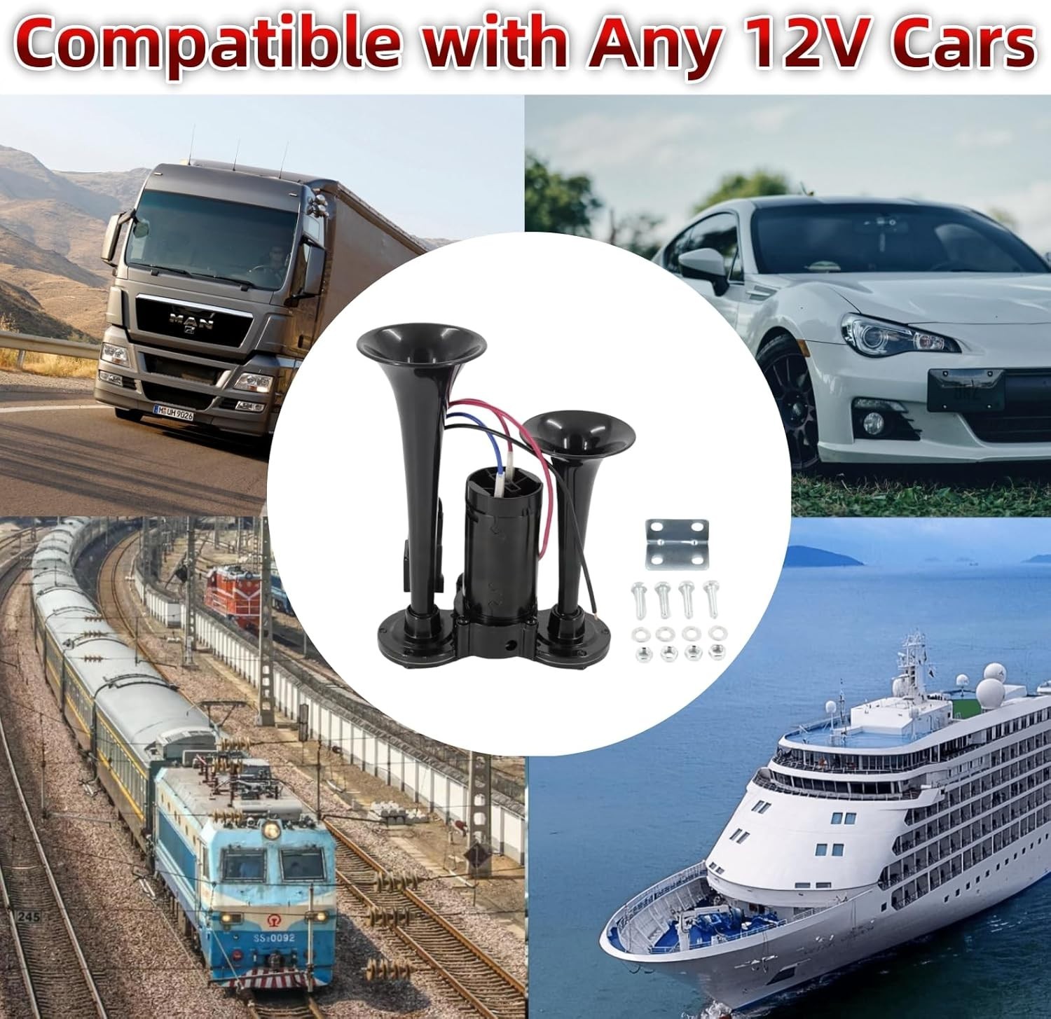 12V 600DB Upgrade Super Loud Dual Electric Black Train Horns for Trucks SUVs …