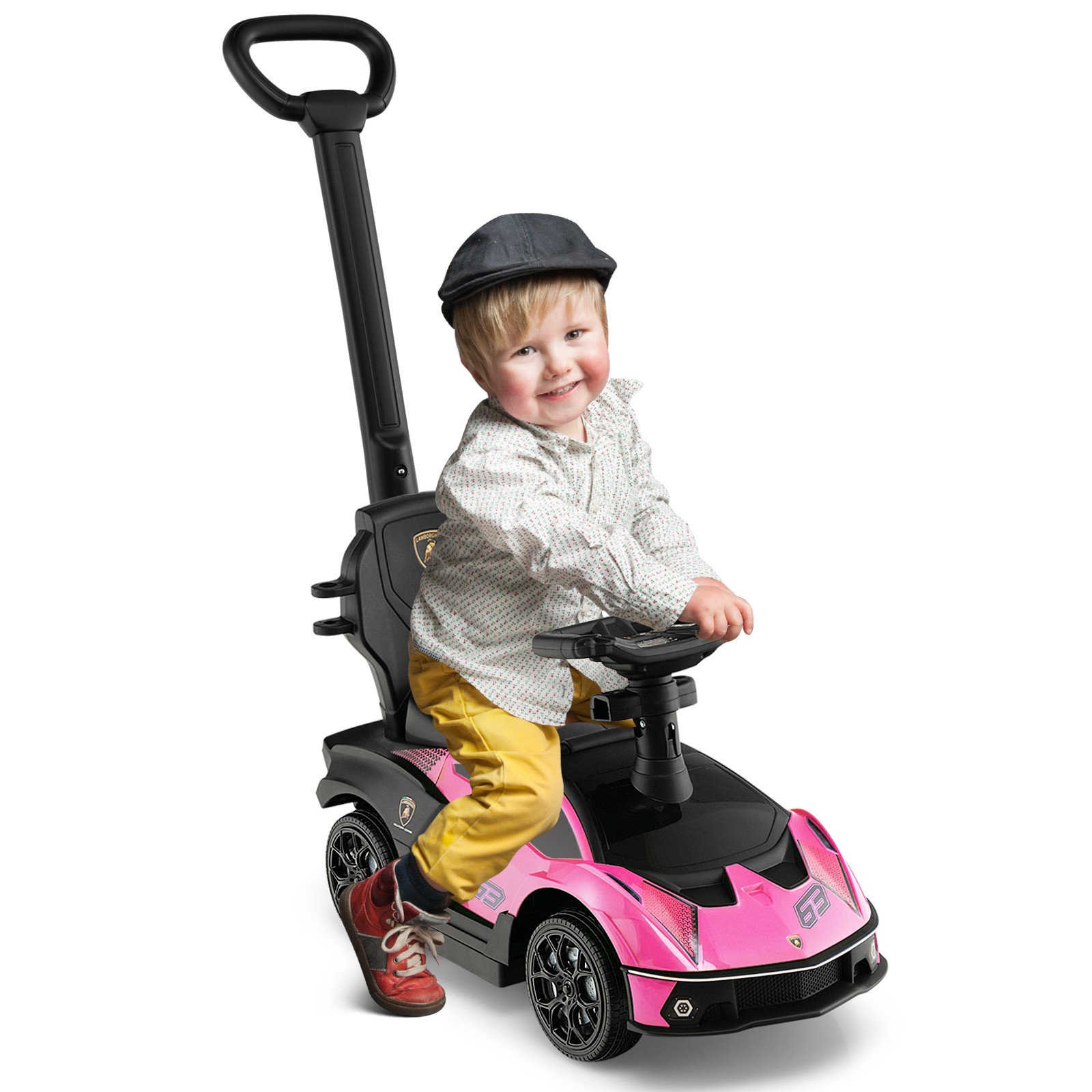 3-in-1 Licensed Lamborghini Ride on Push Car Stroller Sliding Car w/ Sound Pink