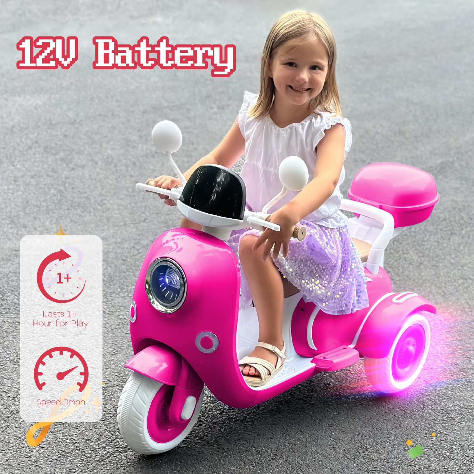 12v Kids Ride On Motorcycle Girl Moped Battery Electric Motorbike with LED Light
