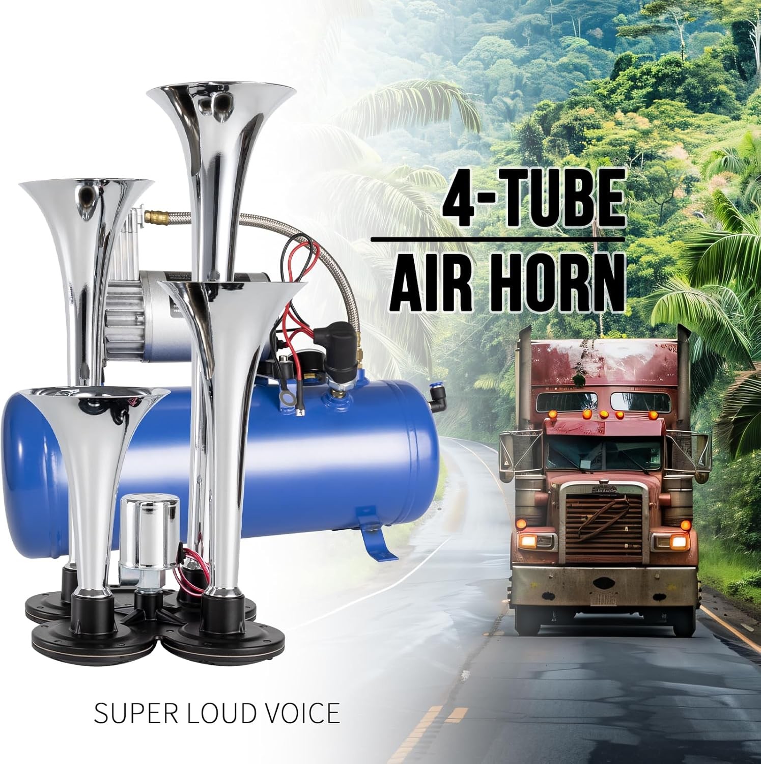 180db Train Horn Kit with 150 PSI Air Tank, Four Trumpet Air horns for Truck,