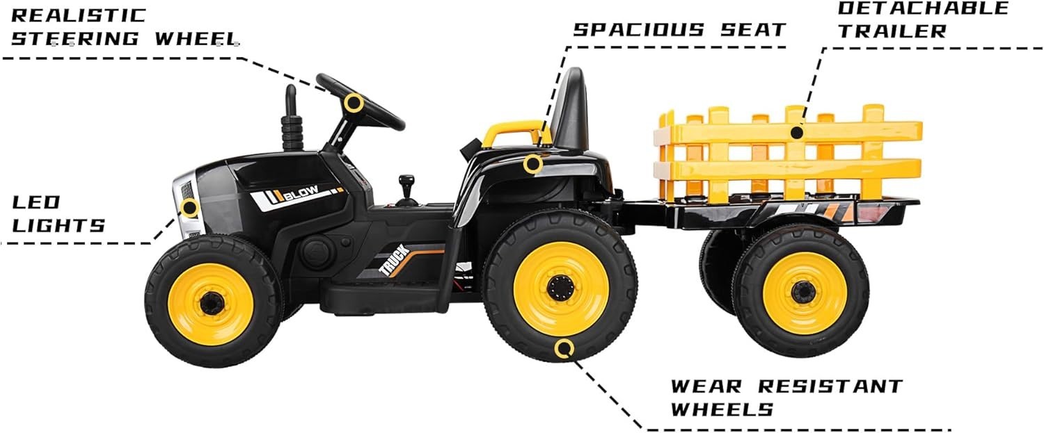 TOBBI Battery Powered Toy Car 12V Kids Ride On Car Electric Tractor w/ Trailer