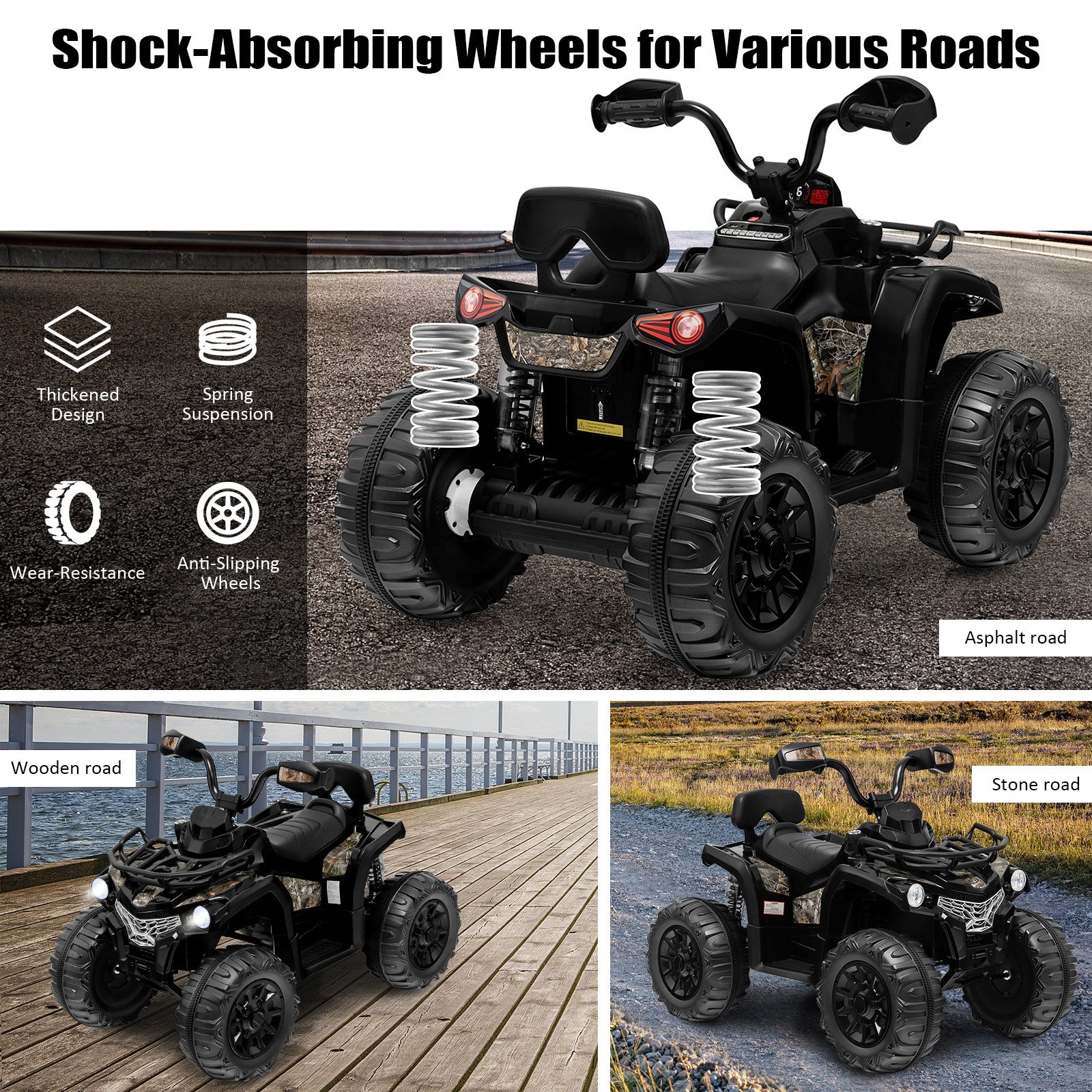 12V 2 Speeds Kids Ride ATV Electric 4-Wheeler Quad w/ Mp3 & Headlights Black