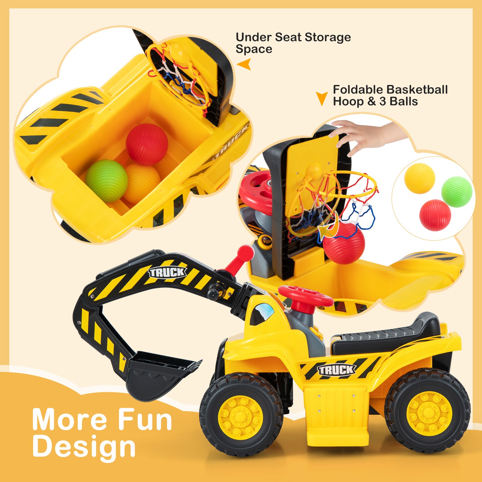 Kids Ride On Excavator 6V Electric Pretend Play Tractor Toy with Basketball Hoop
