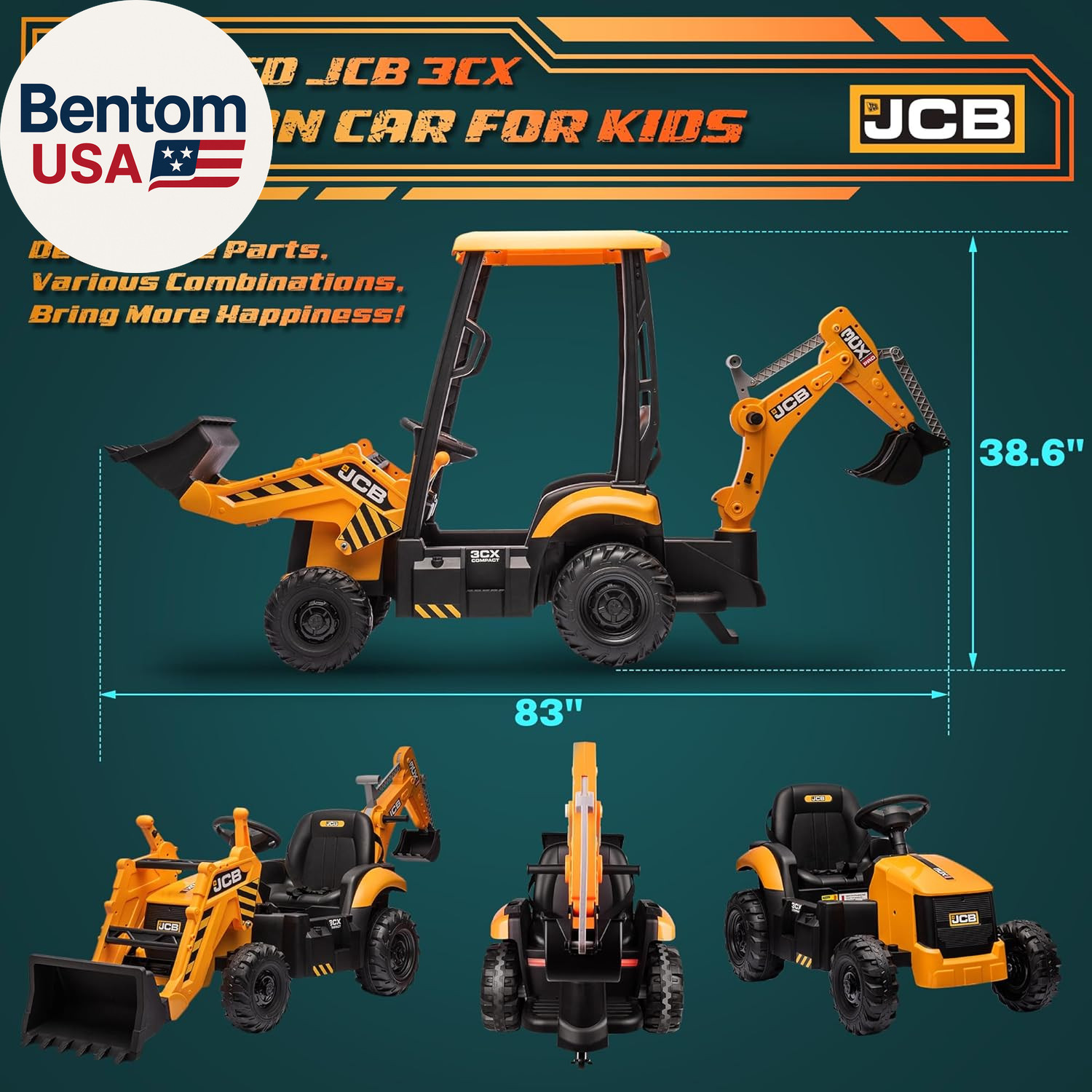12V JCB Electric Backhoe Loader Toy Car for Kids, Battery Powered Ride on Constr
