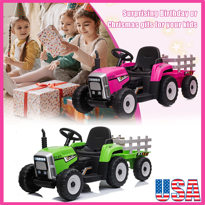 12V Electric Kids Ride On Car Battery-Powered Tractor+Trailer Toy Christmas Gift