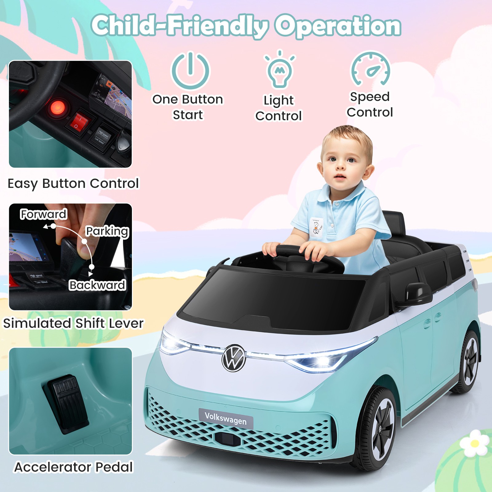 Licensed Volkswagen Ride on Car, 12V Kids Car Bus with Music, Story, Soft Start