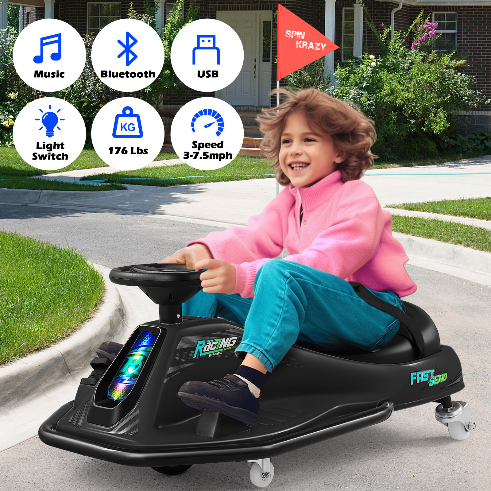 JOYLDIAS Black Electric 24V Kid Ride On Drifting Go Kart 360°Variable Speed Cart