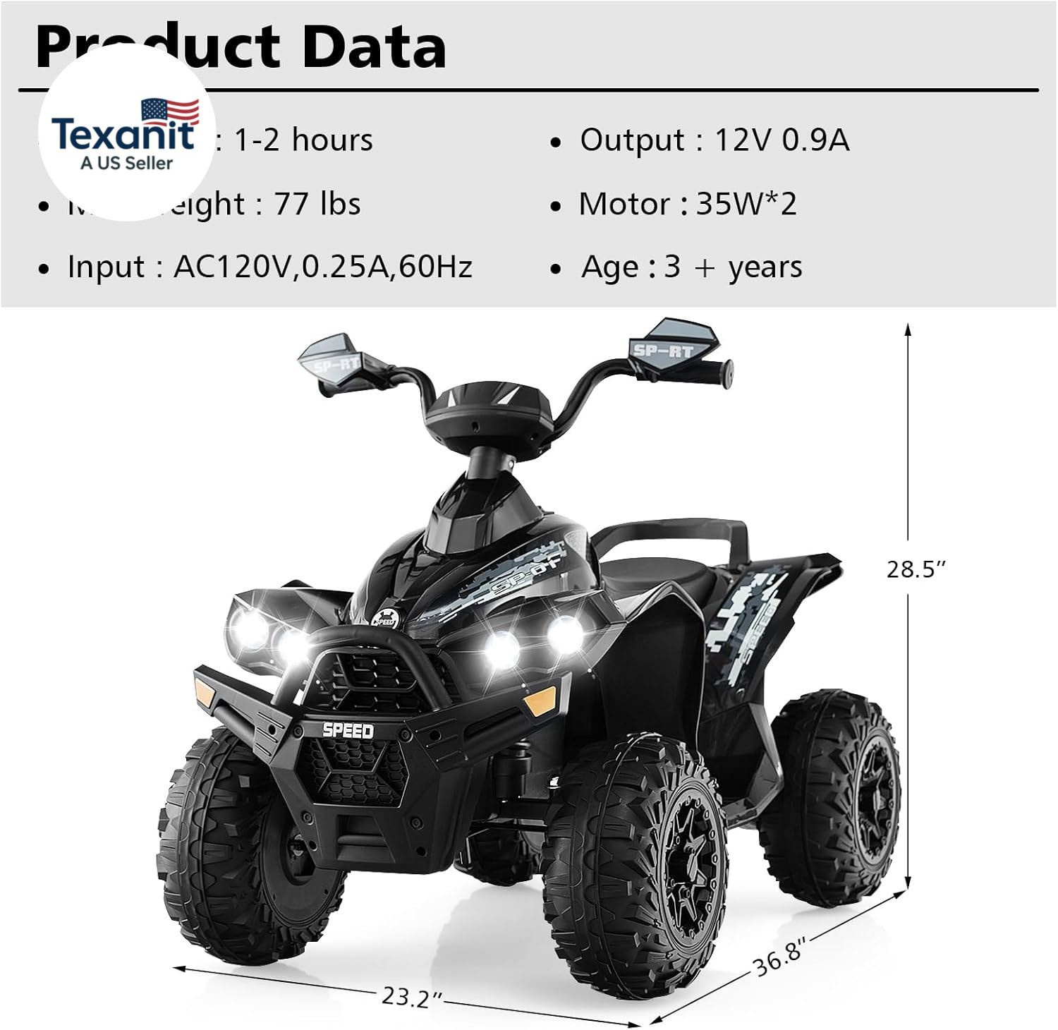 Kids Ride on ATV, 12V 4 Wheeler Quad Toy Vehicle with Music, Horn, High Low Spee