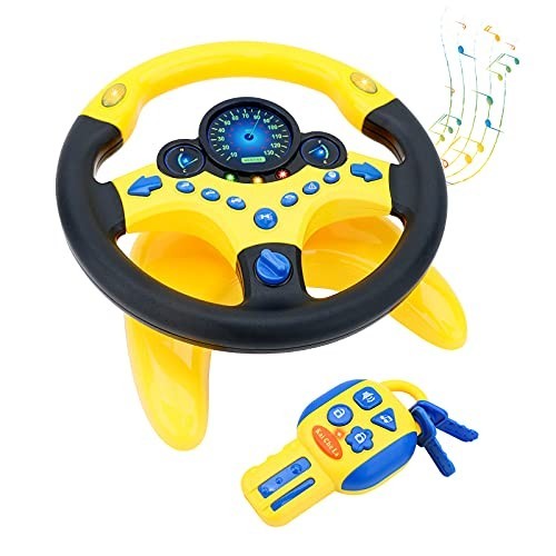 Kids Backseat Steering Wheel Toy with Lights & Music – Pretend Driving Gift (Yel