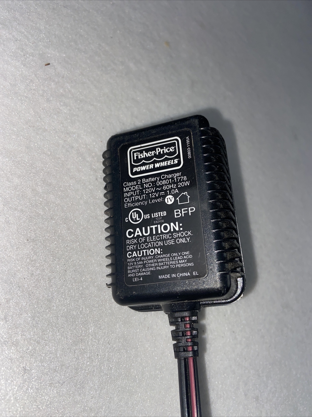 Power Wheels Fisher Price 12V 1A Battery Charger Power Cord 00801-1778
