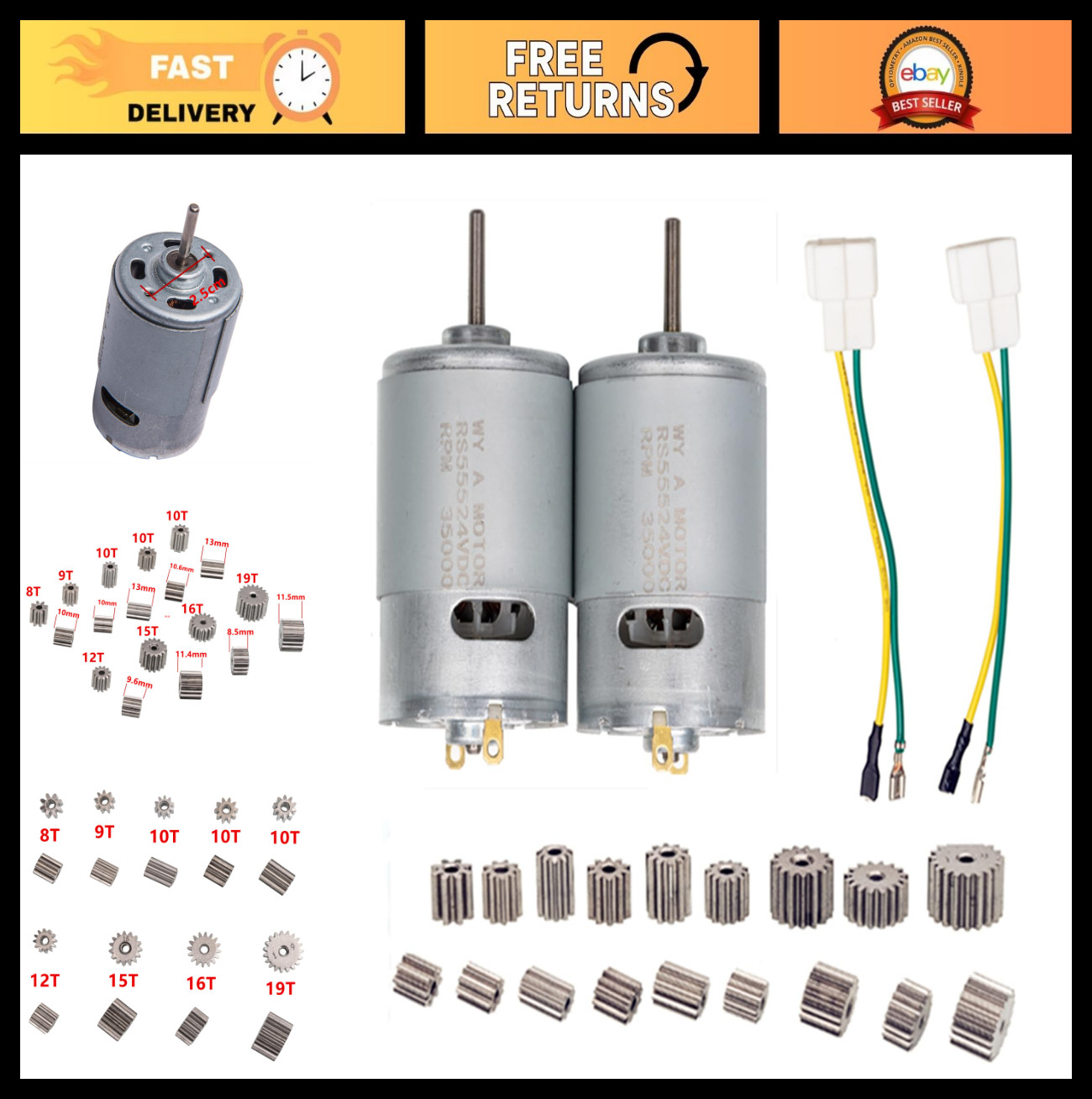 24V RS555 Electric Motor 35000RPM – 2 Pcs Power Wheel Upgrade, Gearbox Parts for
