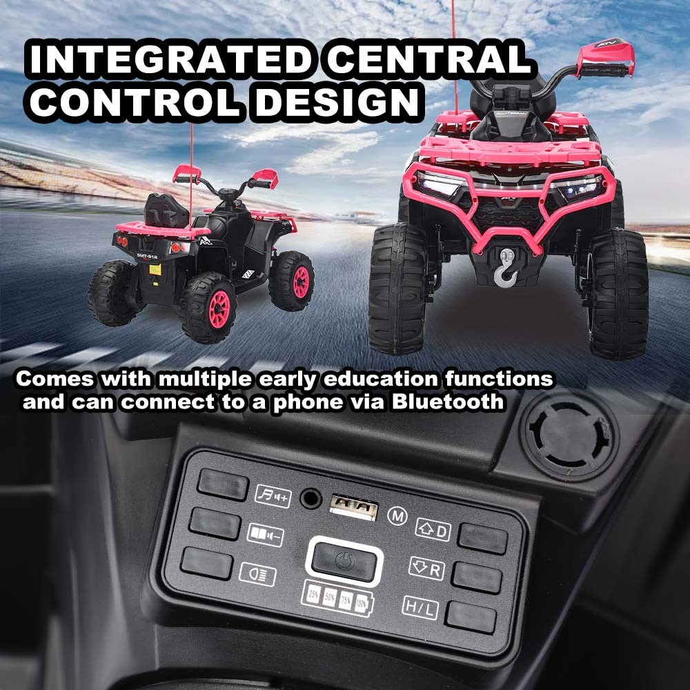 24V Pink ATV Ride-On Car Battery Powered w/ LED Lights, Bluetooth for Ages 3-6 Y