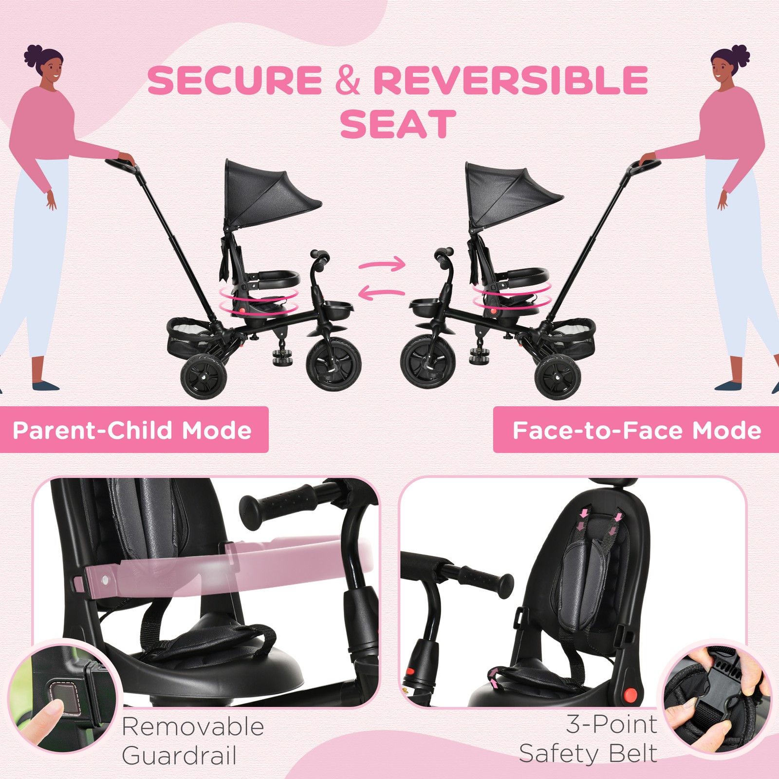 4 in 1 Adjustable Baby Tricycle w/ Removable Handle, Brake, Cover