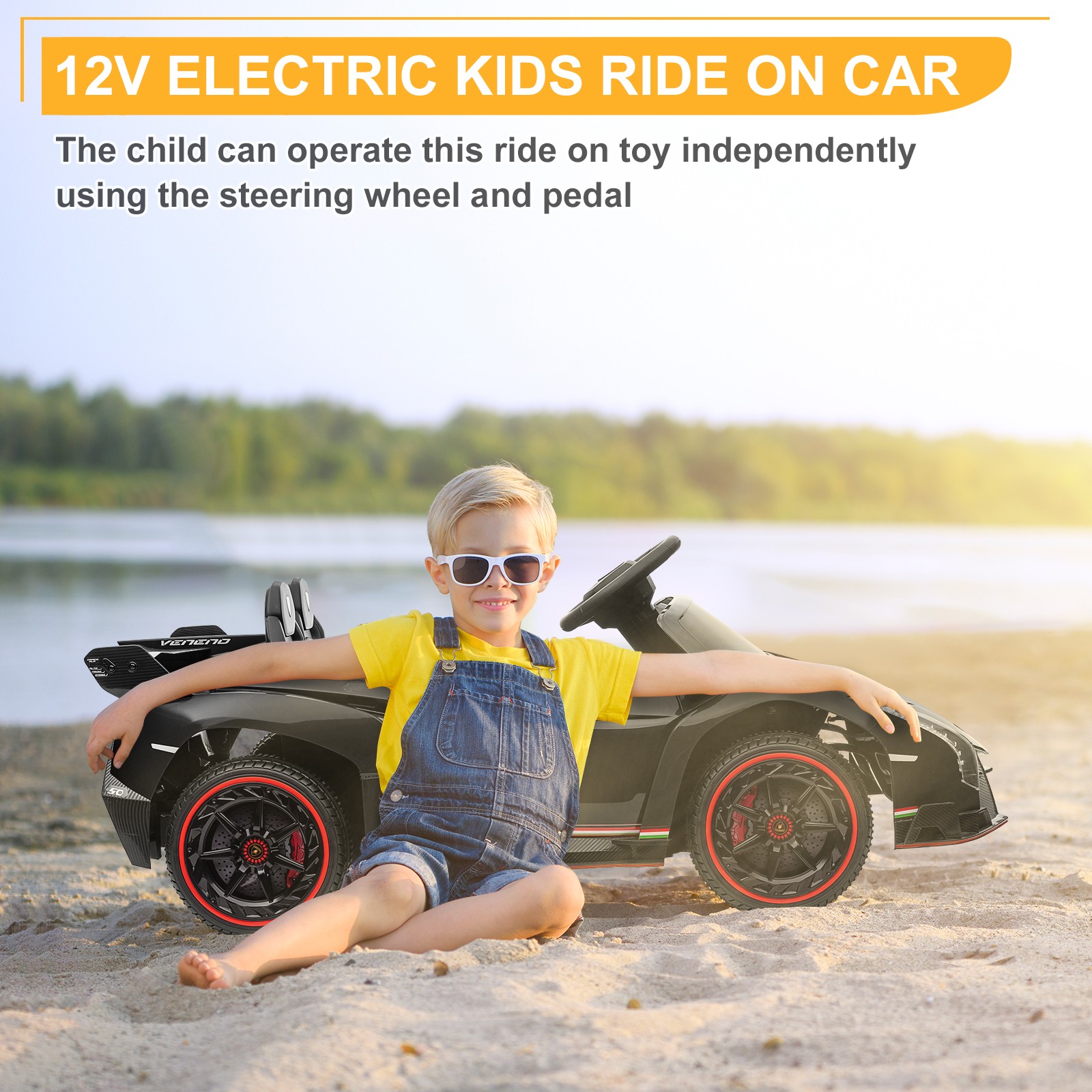 12V Licensed Lamborghini Veneno Electric Ride on Car Toy for Kid Toddler, Black