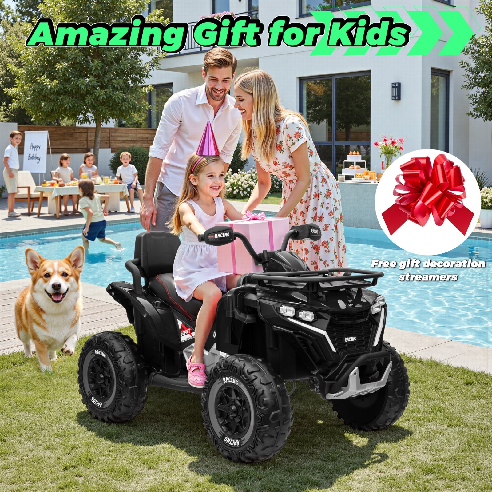 24V 4WD Kids ATV 2-Seat Ride On Car w/Remote Bluetooth USB Headlights EVA Tires