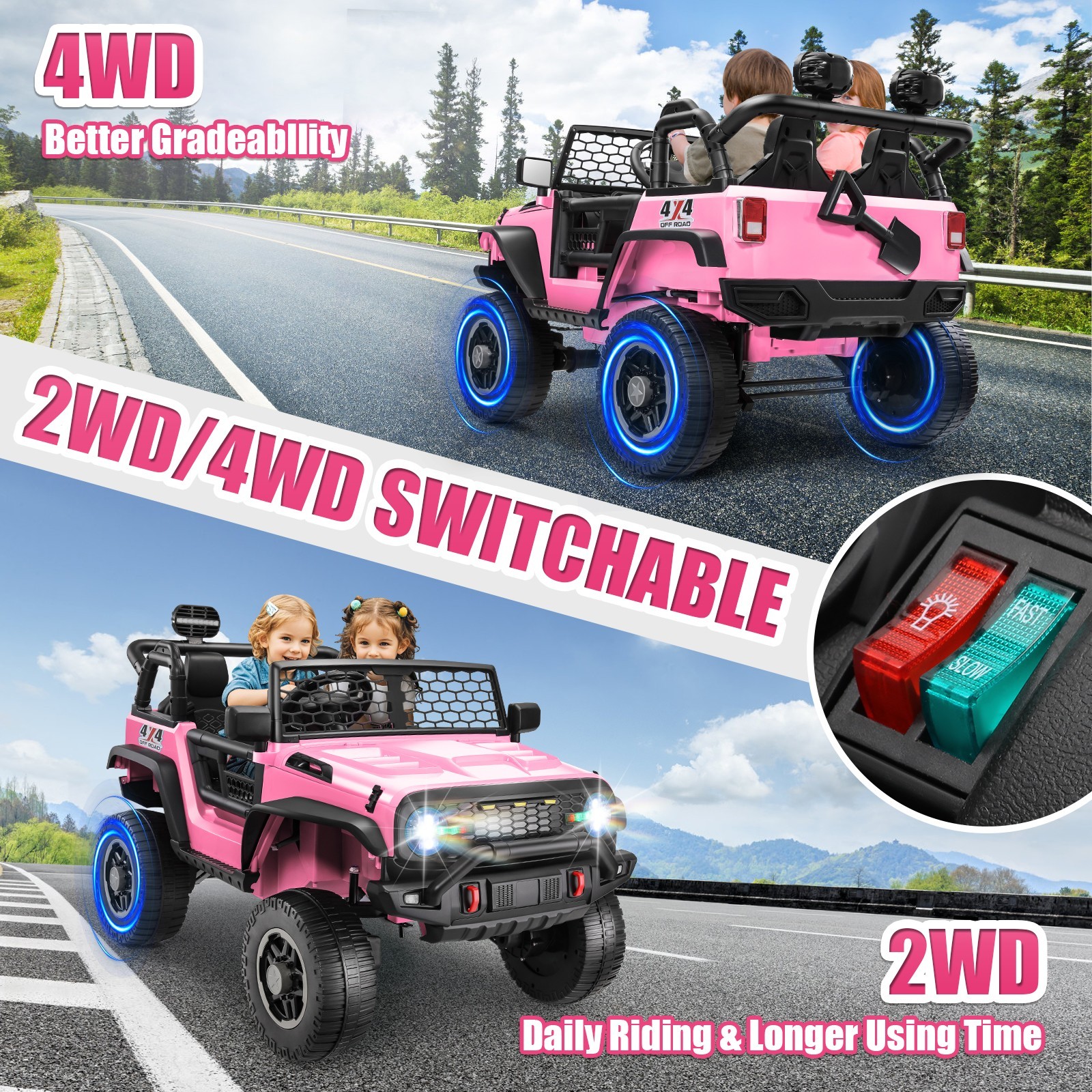 24V Kids Ride On Car w/ Remote Control, 4x100W Motors 3 Speeds LED Lights Gift