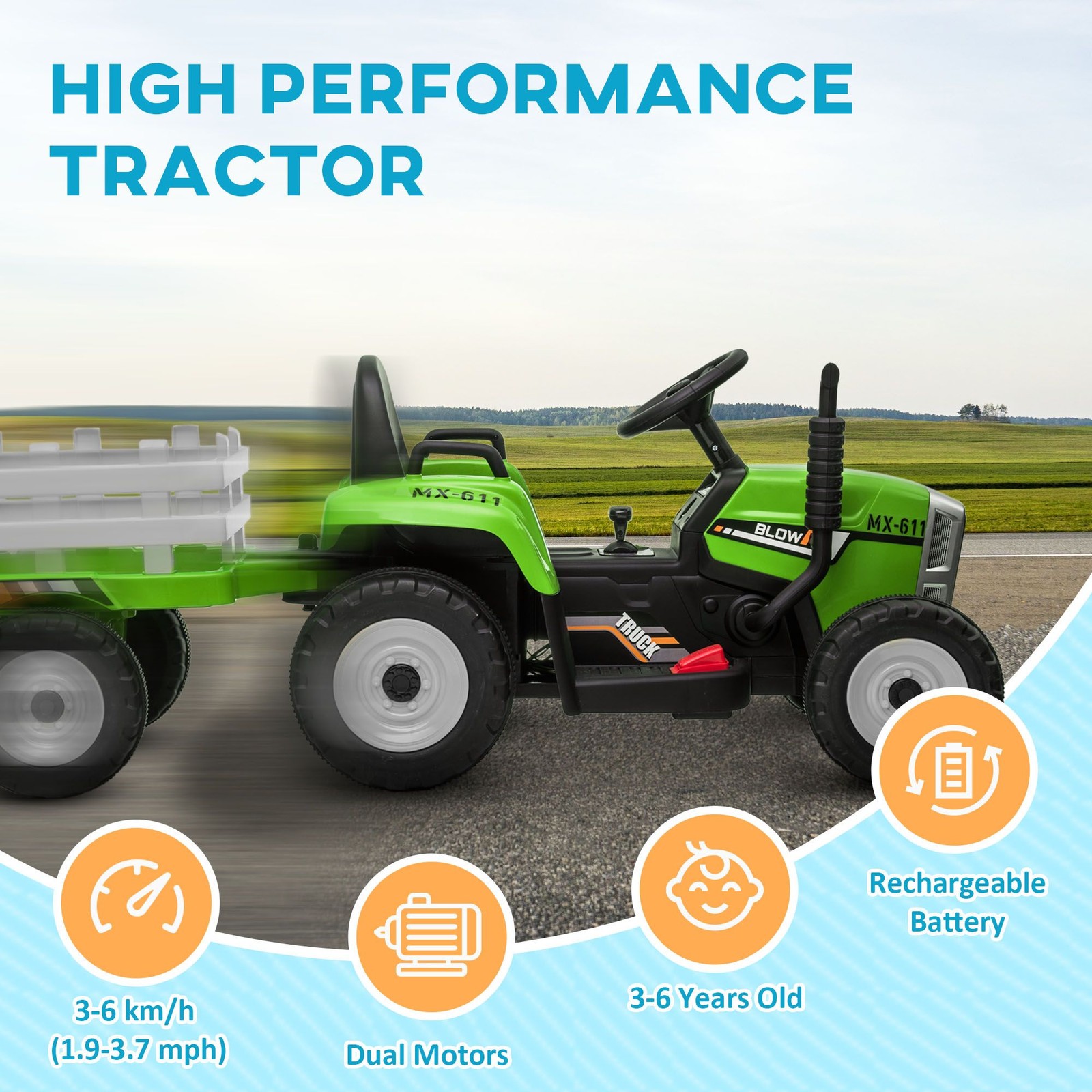 Realistic 12V Electric Ride-On Tractor with Functional Trailer, Ages 3+