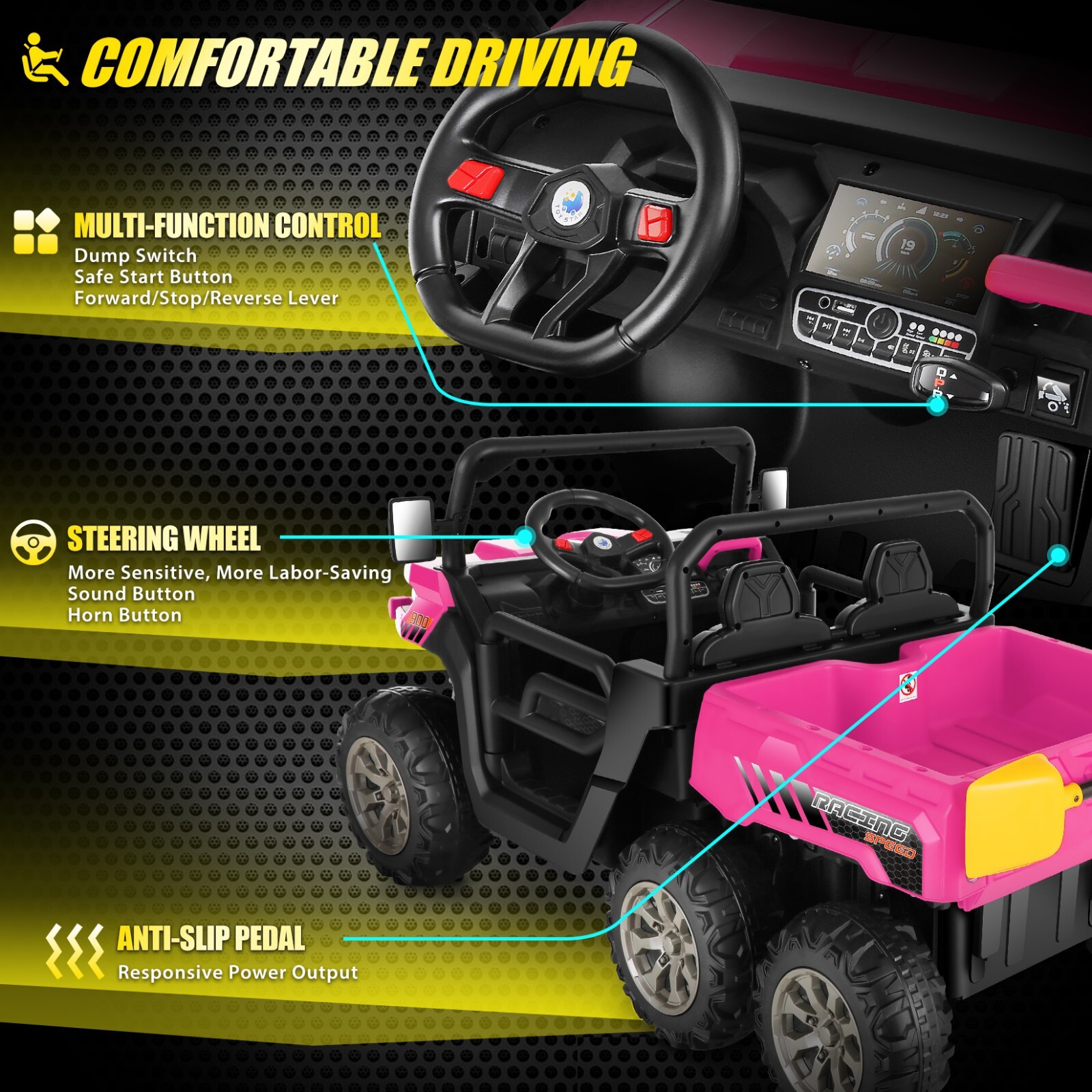 Electric 24V Battery Powered 4WD Kid Ride On Car Toys 2-Seat Dump Truck 6-Wheels