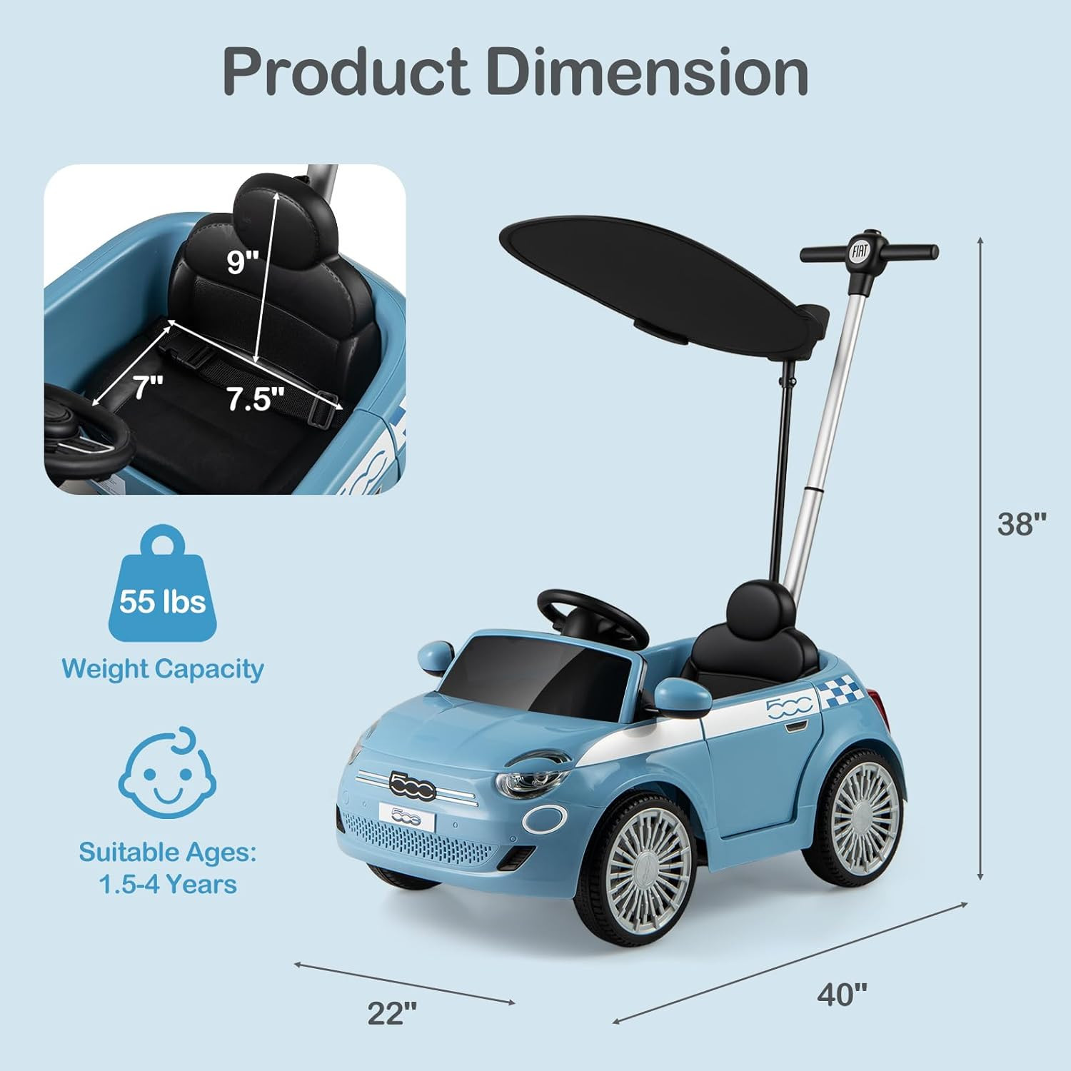 Licensed Fiat 500 Ride on Push Car by , 3 in 1 Baby Stroller Sliding Walking Car