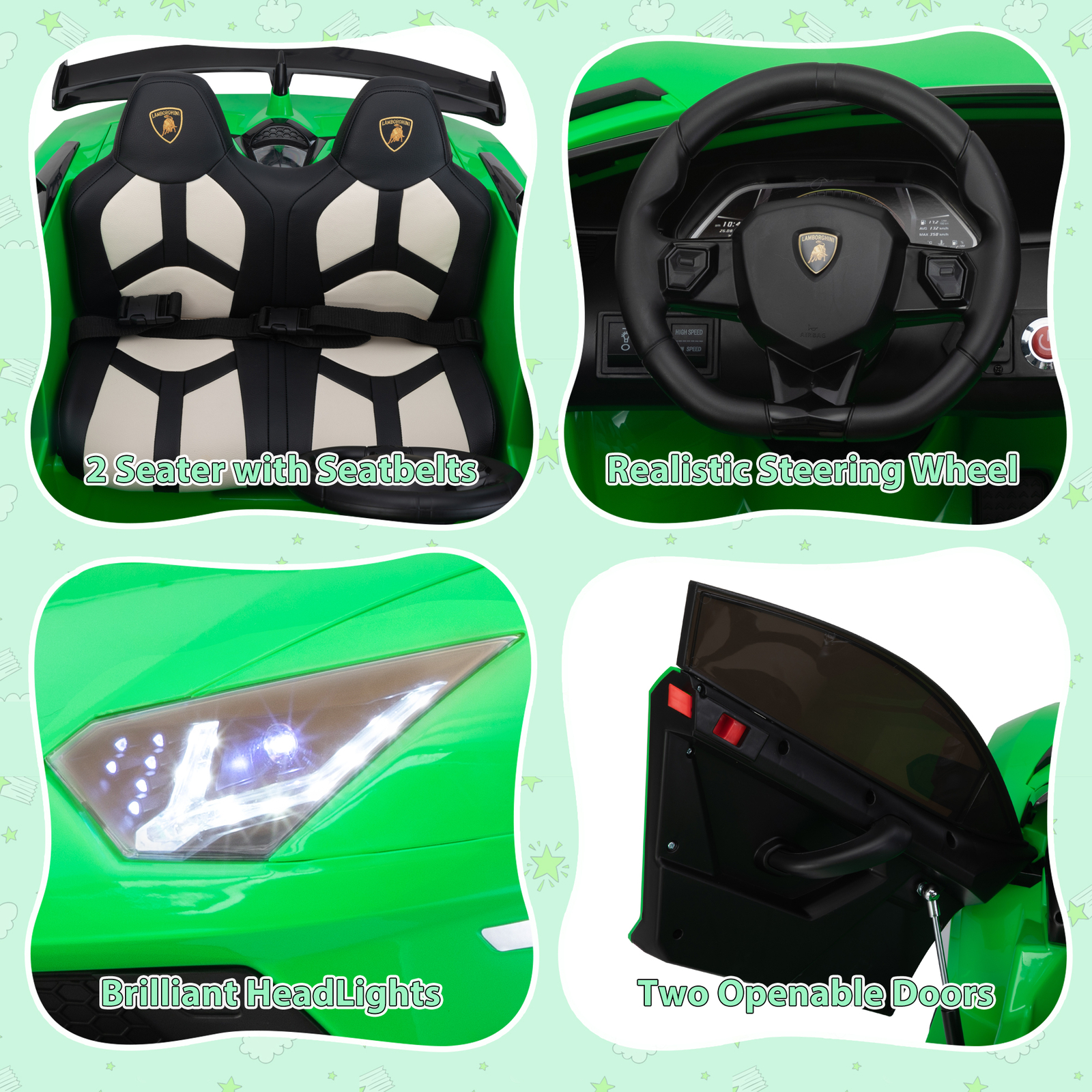 24V Kids Ride On Drift Car 2-Seater High Speed 13km/h Lamborghini w/Remote