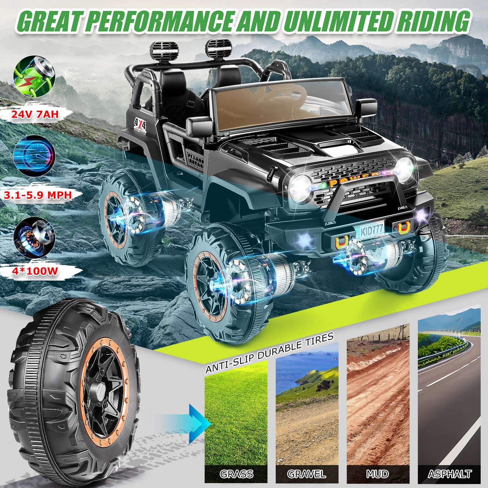 24V Kids Ride On Car,2 Seaters 2x200W Electric Vehicle Truck Bluetooth w/Remote