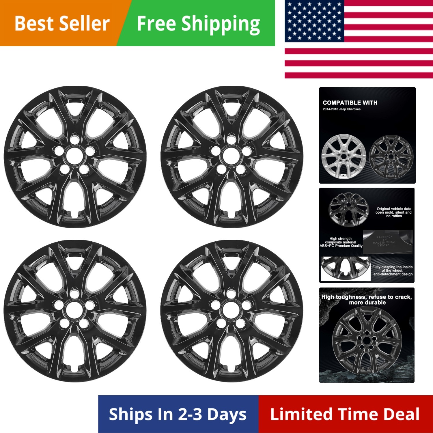 Wheel Skins comeptible with Jeep Cherokee 2014-2018 ; Set of 4 Pack;Glossy Bl…