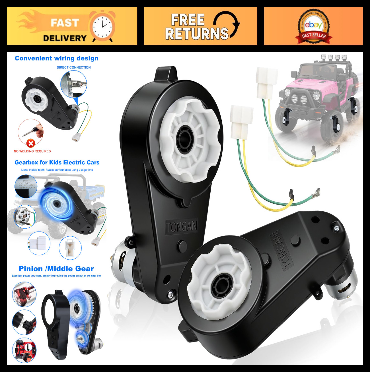 High-Speed 12V Motor Gearbox Set – 2 Pcs RS550 40000RPM for Ride-On Toys & Elect