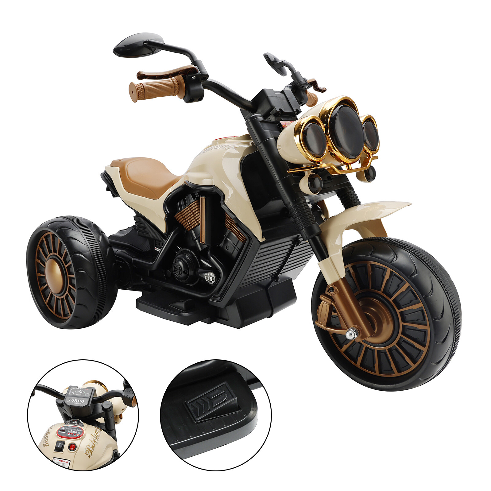 3 Wheel Kids Ride On Motorcycle Electric Dual Drive Toy Car With LED Light Brown