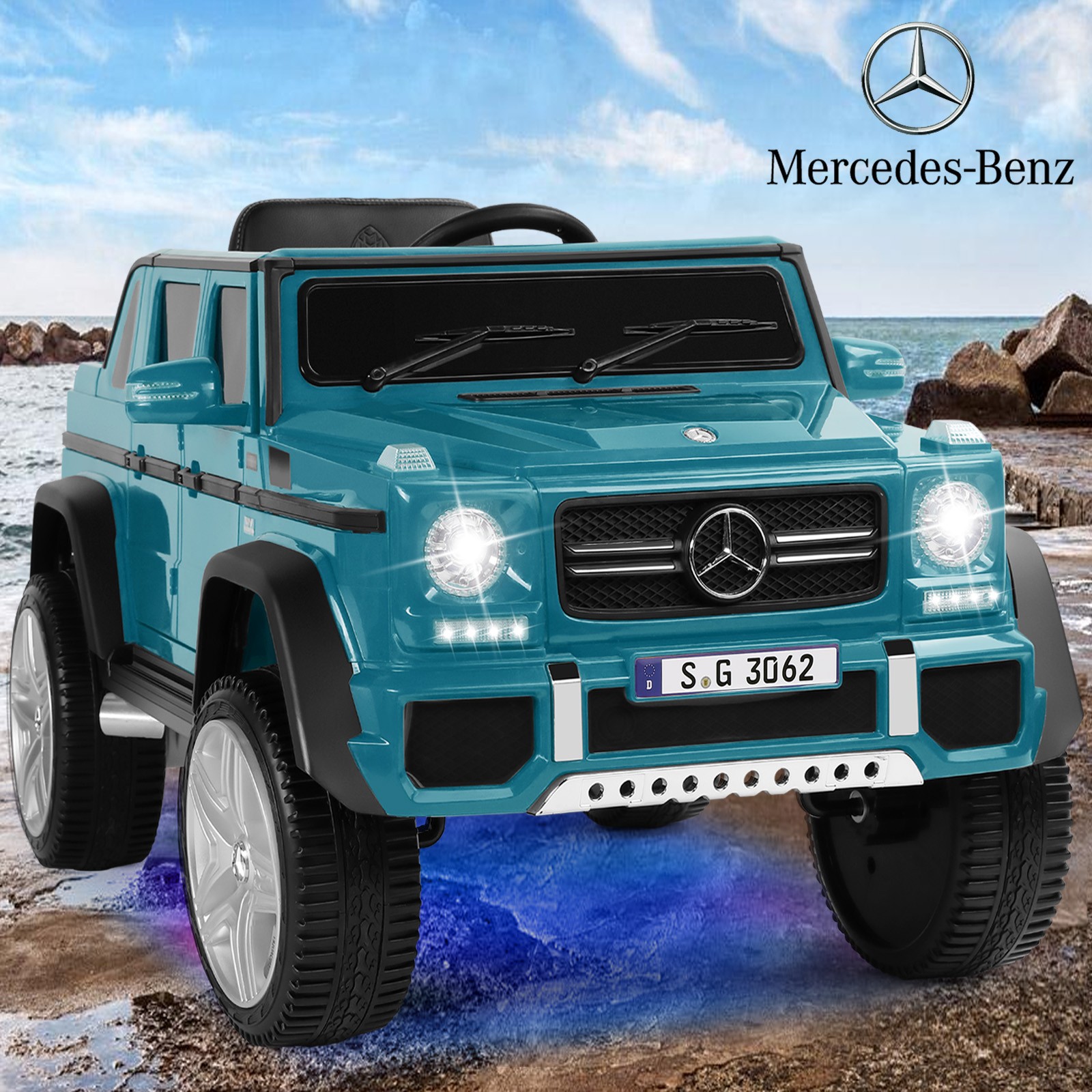 Mercedes-Benz 12V Electric Kids Blue Ride On Car with LED Lights, Music, RC