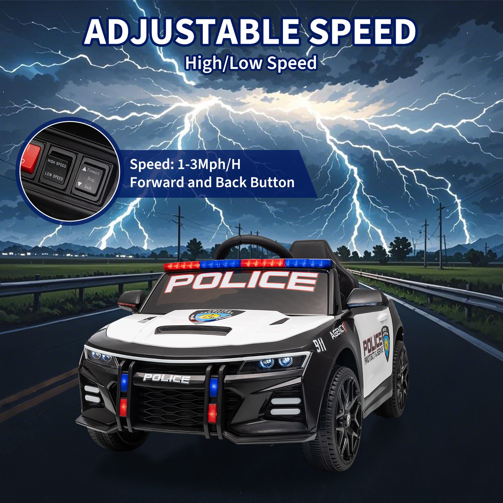 12V Ride On Police Car for Kid w/ Remote/ Emergency Alert Tones/Megaphone/Light