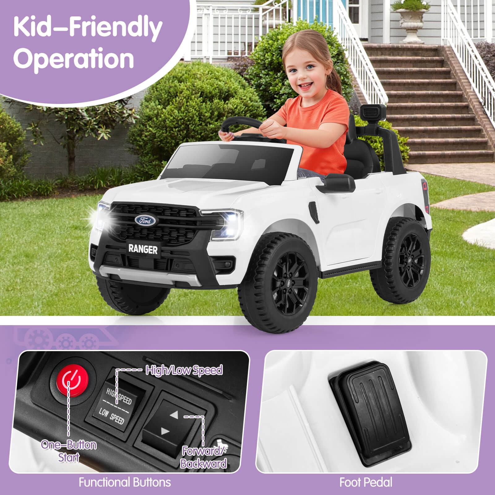 12V Licensed Ford Ranger Kids Ride on Car with Remote Control Storage Basket