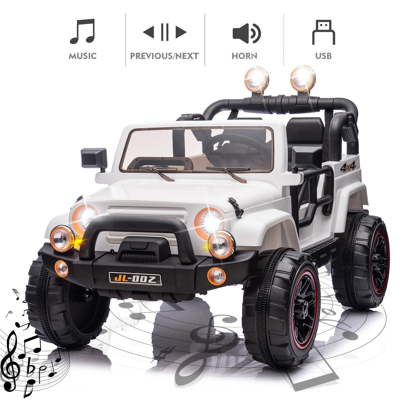 White Two Seater 12V Battery Kids Ride On Car Truck with 3 Speeds,LED,MP3,Remote