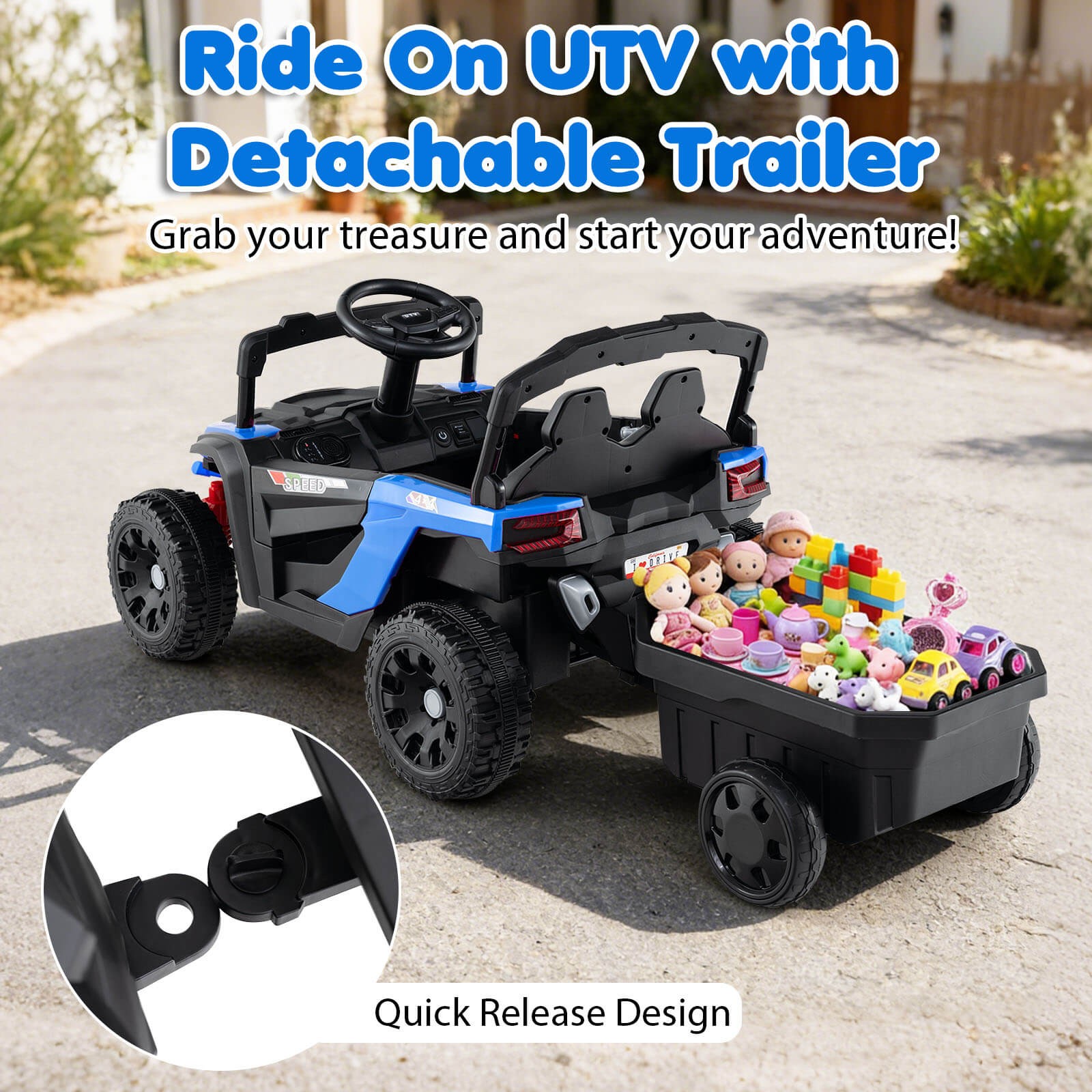 12V Kids Ride On UTV w/Detachable Trailer, Remote Control, 3 Speeds, LED Lights