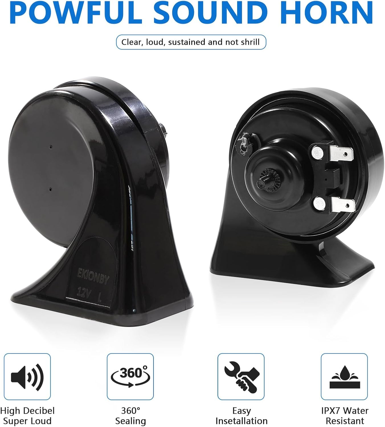 Car Horn，12V Super Loud Electric Waterproof Horn Kit, 2-Piece (1 High-Tone + 1 L