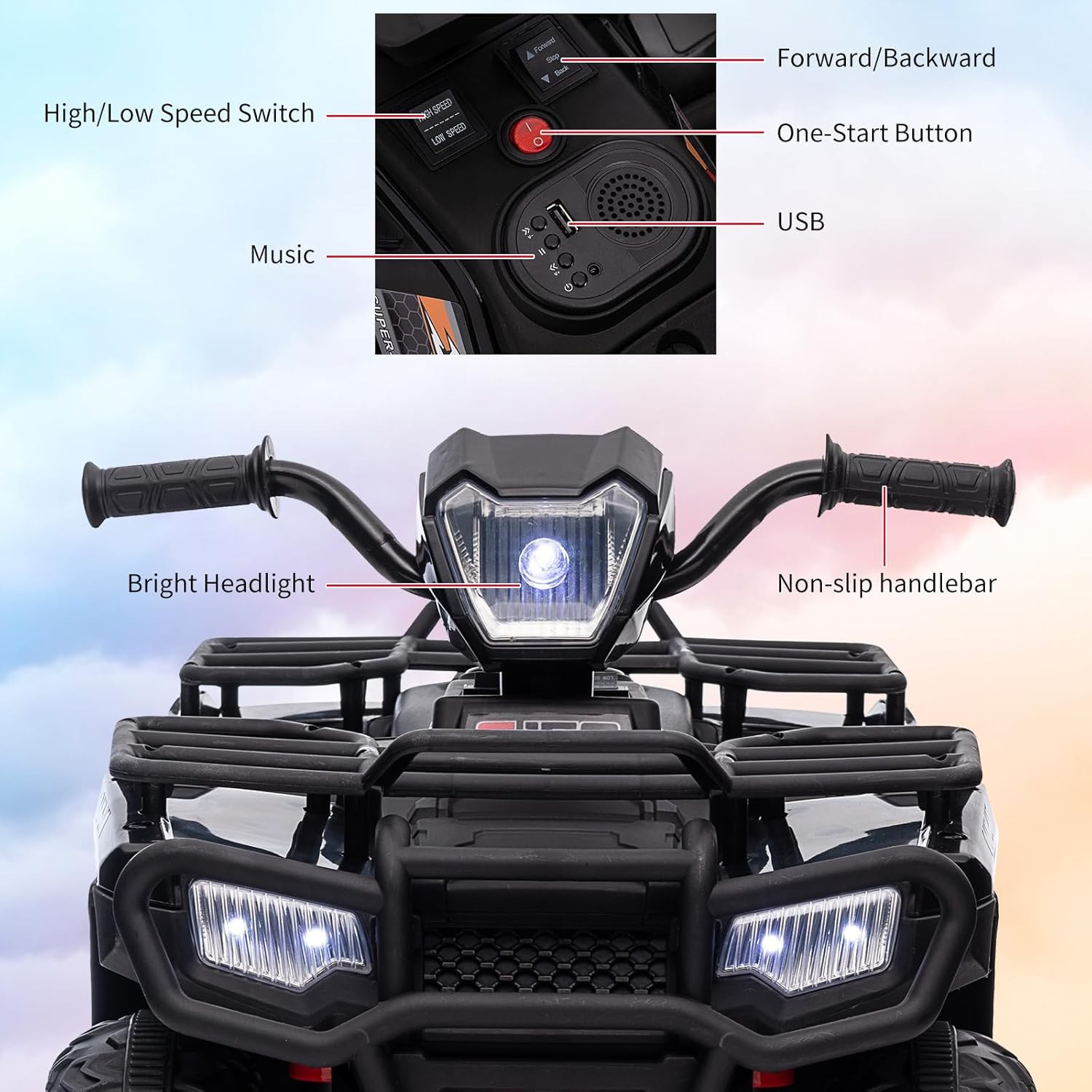 12V Kids Ride-On ATV Electric Vehicle for Toddlers 2 Speed LED Lights Music USB