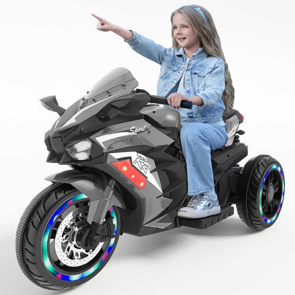 12V Gray Kids Electric Motorcycle, USB MP3 Function, Premium Gift for Kids