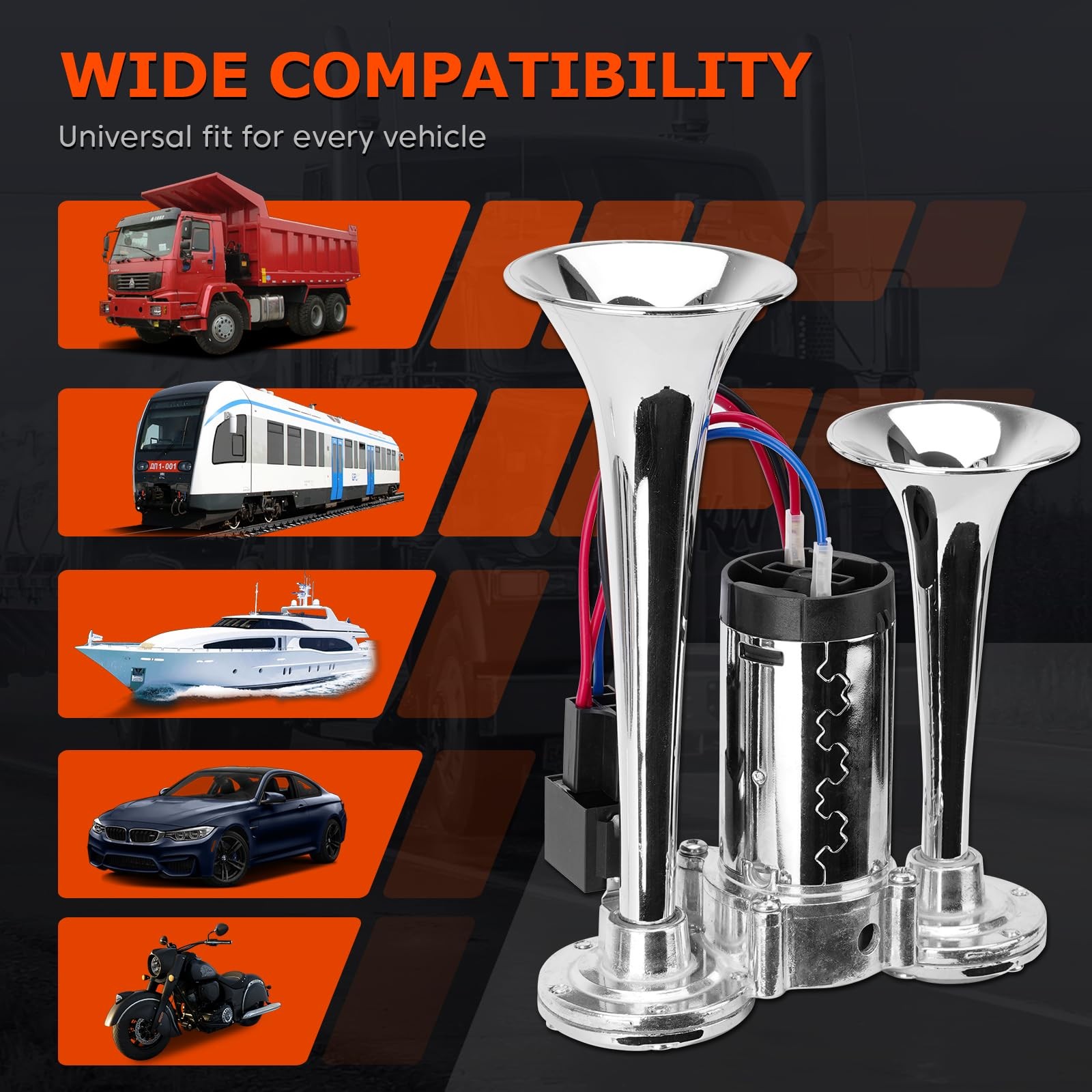 12V 600DB Upgraded Air Horn Dual Trumpets, Super Loud Train Electric Horn Kit wi