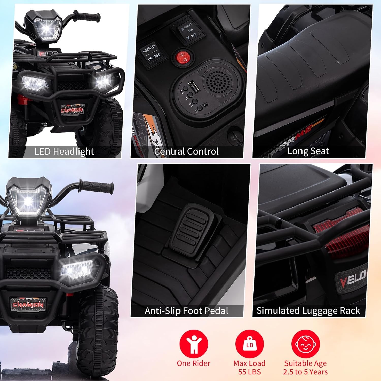 12V Kids Ride-On ATV Electric Vehicle for Toddlers 2 Speed LED Lights Music USB