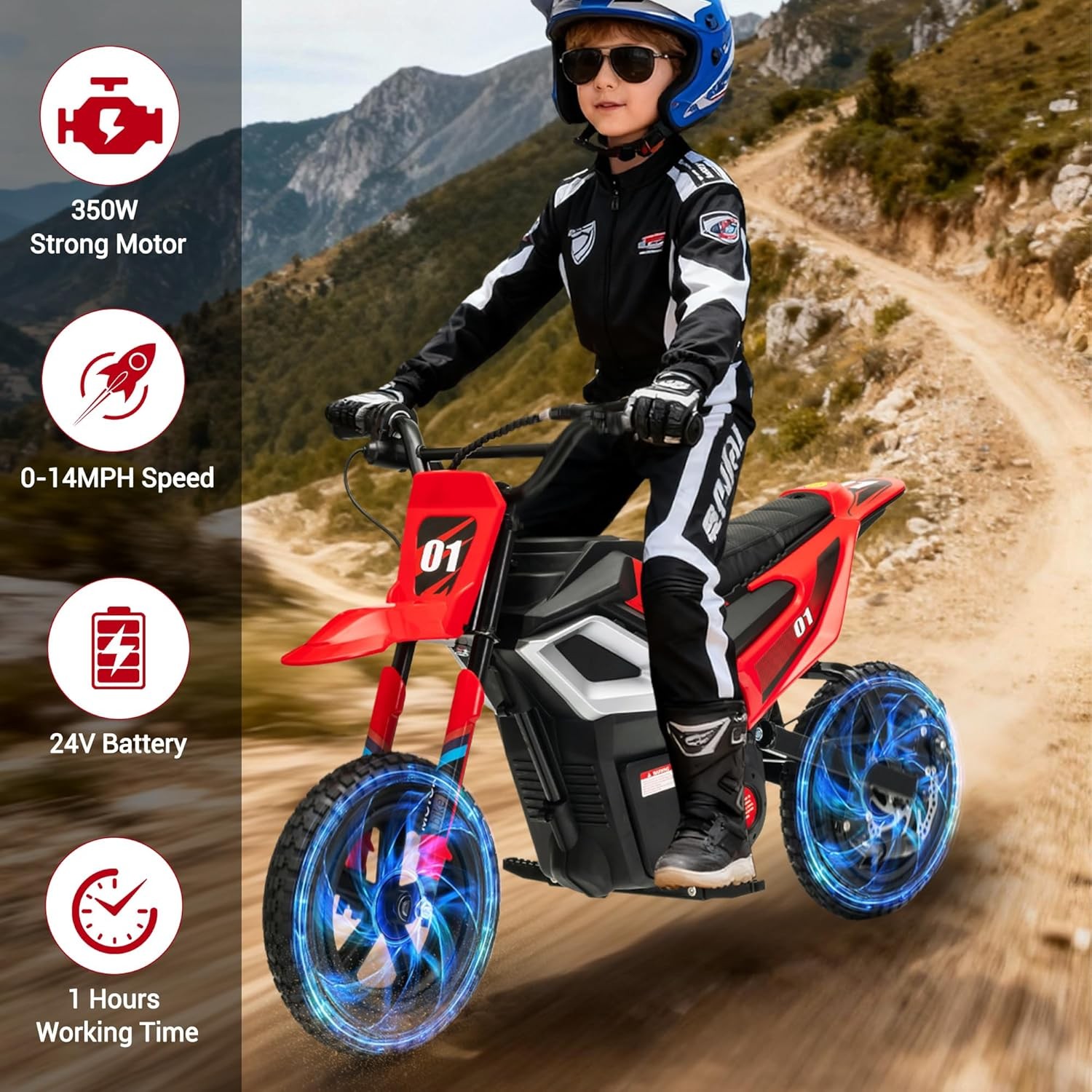 24v Ride on Motorcycle for Kids 350w Mini Dirt Bike 14 MPH Red