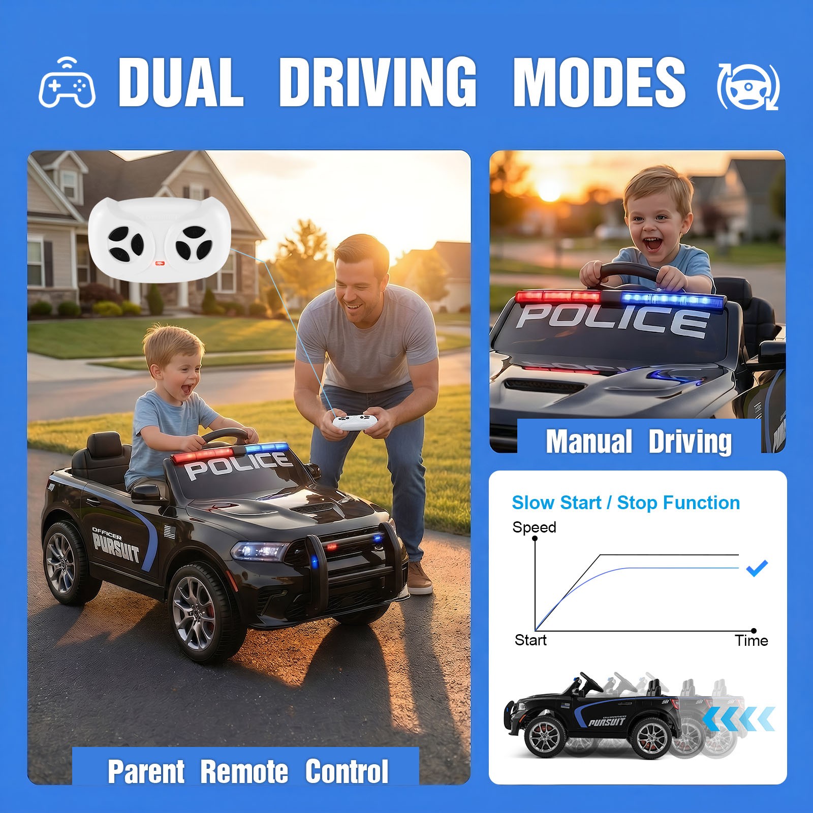 12V Battery Kids Ride On Police Car Dodge Durango SUV Music,LED,Bluetooth,Remote
