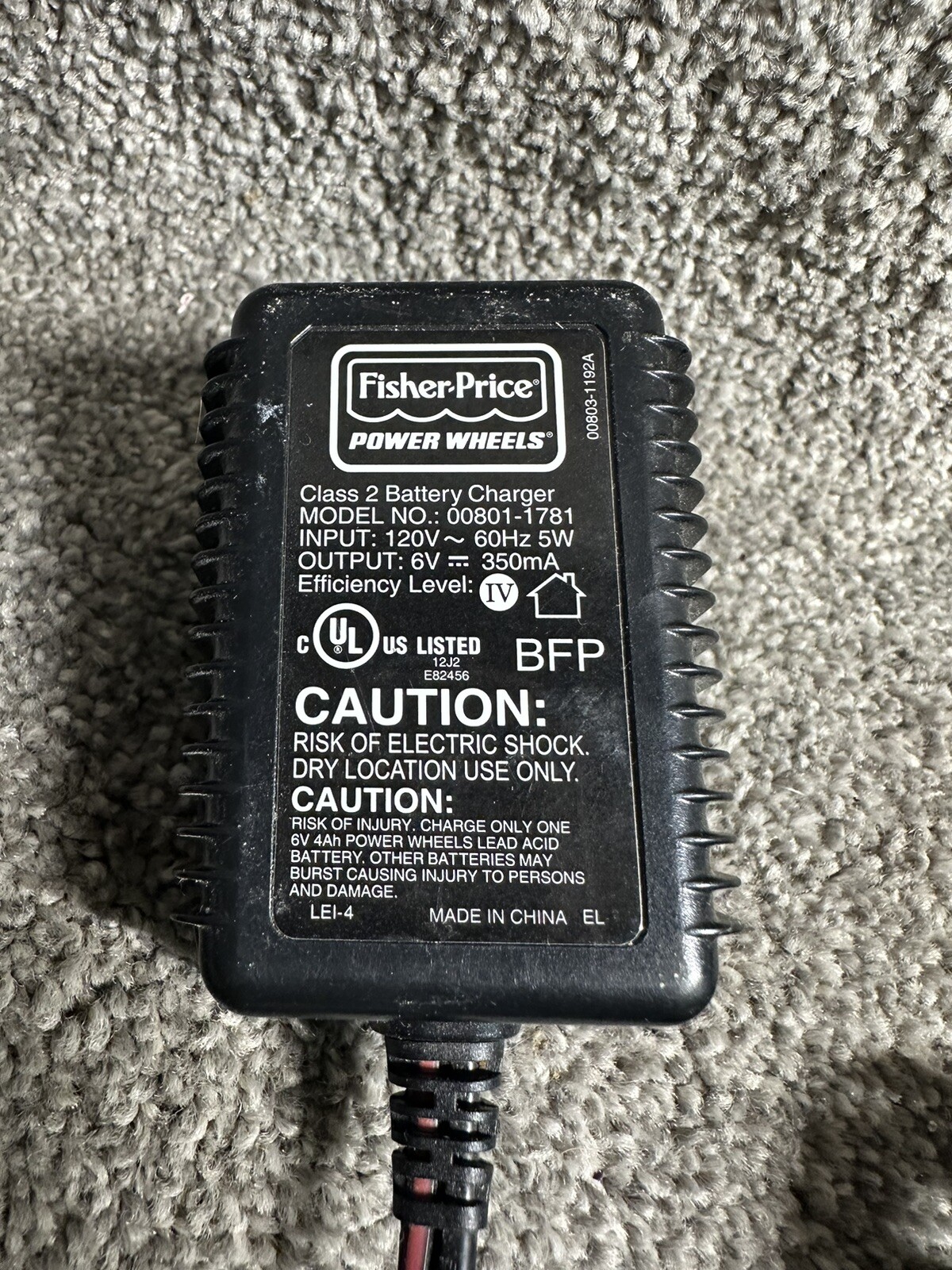 Authentic F-P POWER WHEELS 6V Ride On Car Class 2 Battery Charger (00801-1781)