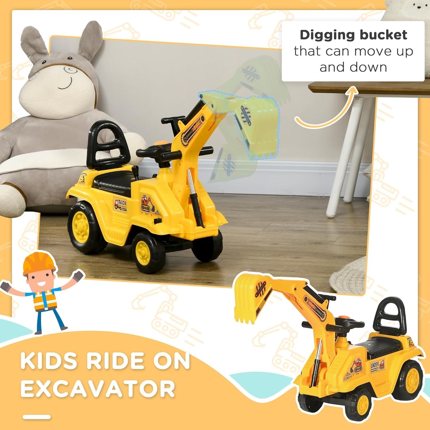 Imaginative Play Excavator Ride On Toy with Front Loader & Storage for Toddlers