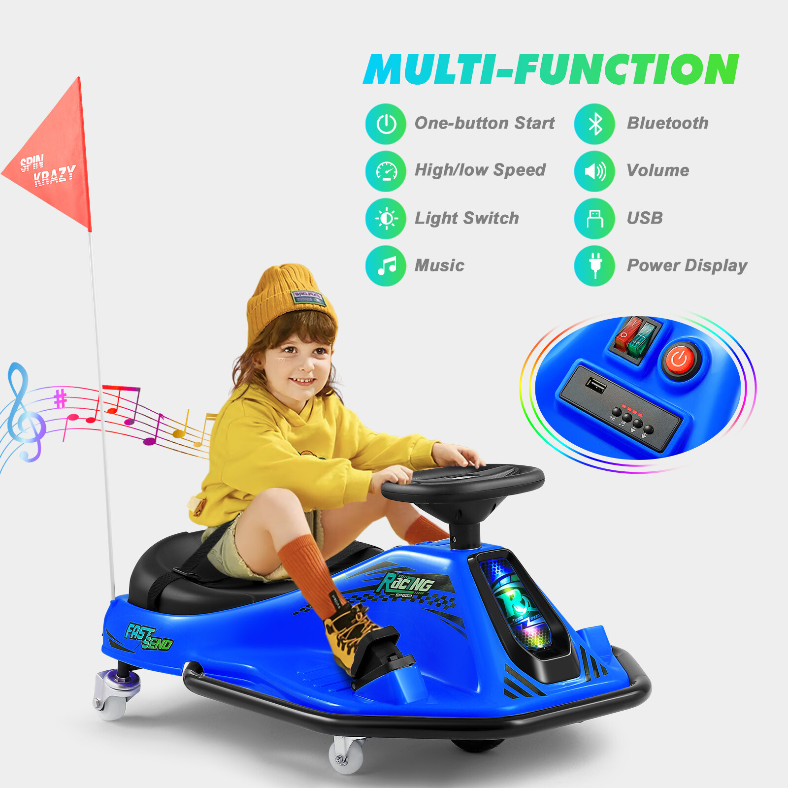 360° 24V Kids Electric Drifting Go Kart Ride On Cart with Bluetooth (Blue)