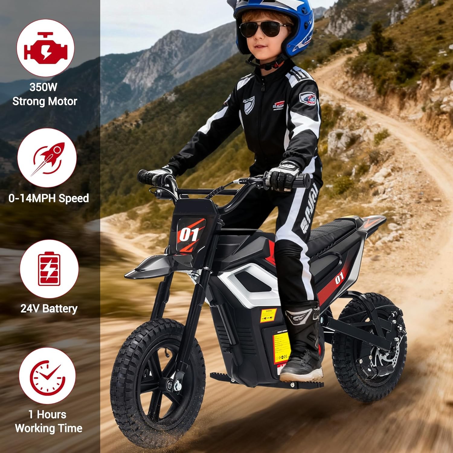 24v Ride on Motorcycle for Kids 350w Mini Dirt Bike 14 MPH Black
